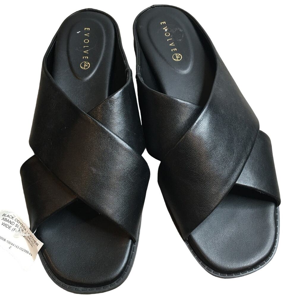 NWT Evolve Womens Black Odyssa Leather Xband Crisscross Slide Flat Sandal 9.5W